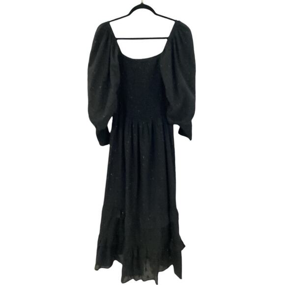 Oliphant Smocked Top Ruffle Tiered Midi Length Dress Midnight Black Gold Small - Picture 12 of 15